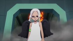  animated black_wings dark-skinned_female dark_skin dress earrings feathered_wings jewelry long_hair looking_at_viewer one_piece s-snake seraphim_(one_piece) sleeveless sleeveless_dress smile snake_earrings star-shaped_pupils star_(symbol) symbol-shaped_pupils tagme video walking white_hair wings  rating:General score:5 user:Narukovore