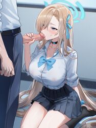  1boy 1girl absurdly_long_hair ahhgik asuna_(blue_archive) asuna_(school_uniform)_(blue_archive) asymmetrical_bangs black_choker blue_archive blue_bow blue_bowtie blue_halo blue_ribbon blue_scrunchie bow bowtie breasts button_gap choker commentary english_commentary fellatio hair_over_one_eye halo hetero highres huge_breasts long_hair loose_bowtie nail_polish official_alternate_costume oral penis penis_out ribbon school_uniform scrunchie shirt_tucked_in sitting solo very_long_hair wariza wrist_scrunchie 