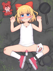  1girl ball_and_chain_restraint bandaid bandaid_on_leg blonde_hair blue_eyes blush bottomless bow censored crying crying_with_eyes_open cuffs cum cum_on_body dildo double_v frying_pan gagged hair_bow hands_up loli lying miriota mosaic_censoring moss mother_(series) mother_2 navel nintendo object_insertion on_back on_floor open_mouth panties_around_leg paula_(mother_2) pussy sex_toy shackles shoes socks solo spread_legs stone_floor stuffed_animal stuffed_toy sweat tan tanline tape tears teddy_bear undershirt v vaginal vaginal_object_insertion vibrator wavy_hair wide-eyed 