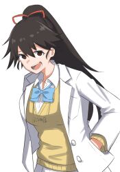  1girl alternate_costume bambietta_basterbine black_hair bleach bleach:_sennen_kessen-hen blue_bow blue_bowtie bow bowtie brown_eyes clothes_writing collared_shirt commentary_request delinquent hair_between_eyes hair_ribbon hand_in_pocket highres jacket long_hair long_sleeves looking_at_viewer open_clothes open_jacket open_mouth ponytail red_ribbon ribbon school_uniform shirt simple_background smile solo sweater teeth upper_body upturned_eyes v-shaped_eyebrows white_background white_jacket white_shirt yellow_sweater yukia2 