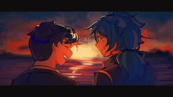  2boys absurdres asher11432 black_hair black_suit blue_coat blue_hair chesed_(project_moon) coat formal_clothes from_behind highres horizon implied_yaoi laughing letterboxed library_of_ruina long_hair looking_at_another low_ponytail male_focus multiple_boys open_mouth ponytail popped_collar project_moon reflection reflective_water roland_(project_moon) short_hair suit sunset upper_body yellow_eyes 
