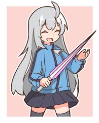  100_percent_orange_juice 1girl :d absurdres ahoge black_skirt black_thighhighs blue_track_jacket closed_eyes commission cowboy_shot energy_sword grey_hair hand_up highres holding holding_sword holding_weapon jacket long_hair long_sleeves netoco open_mouth oversized_zipper pixiv_commission pleated_skirt skirt smile solo suguri suguri_(orange_juice) sword thighhighs thighs track_jacket two-tone_background weapon zettai_ryouiki zipper zipper_pull_tab 
