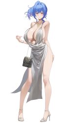  1girl absurdres azur_lane bag bare_legs bare_shoulders blue_hair blush bracelet breasts cleavage collarbone dress earrings evening_gown feet full_body hair_between_eyes halter_dress halterneck handbag high_heels highres jewelry large_breasts legs lom_(lom_lom_8) long_hair looking_at_viewer neck official_alternate_costume parted_lips plunging_neckline purple_eyes revealing_clothes side_ponytail sideboob sidelocks silver_dress simple_background smile solo st._louis_(azur_lane) st._louis_(luxurious_wheels)_(azur_lane) thighs toes white_background 