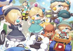  1girl baby_rosalina bicycle blonde_hair bloomers blue_dress blue_eyes blue_hat blue_sailor_collar blue_shoes blush_stickers brooch collared_dress commentary crown dress go-kart hair_over_one_eye hat highres jewelry mario_(series) mario_kart mario_kart_world mary_janes multiple_views neckerchief nintendo one_eye_covered pacifier pantyhose riding rosalina sailor_collar sailor_dress sailor_hat shoes short_hair standing standing_on_one_leg star_brooch underwear white_bloomers white_neckerchief white_pantyhose yukie_(kusaka_shi) 