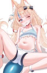  1girl ;) absurdres ahoge animal_ear_fluff animal_ears bikini bikini_under_shorts blonde_hair blue_bikini blue_eyes blue_hair blunt_bangs cat_ears commentary fang fins fish_girl fish_tail flat_chest frilled_bikini frills halterneck highleg highleg_bikini highres indie_virtual_youtuber innertube_hair_ornament lifebuoy_hair_ornament long_hair looking_at_viewer low_twintails multicolored_hair navel one_eye_closed sameko_saba short_shorts shorts simple_background sinonamon sitting skin_fang smile solo spread_legs streaked_hair swimsuit symbol-only_commentary tail twintails very_long_hair virtual_youtuber white_background white_bikini white_shorts 
