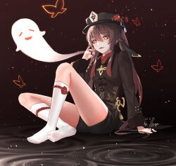 1girl arm_support ass black_nails black_shorts boo_tao_(genshin_impact) brown_hair chinese_clothes feet genshin_impact ghost hat highres hu_tao_(genshin_impact) jewelry knee_up kneehighs legs nail_polish no_shoes parted_lips porkpie_hat red_eyes ring short_shorts shorts sitting socks soles supersugar symbol-shaped_pupils toes white_socks rating:General score:19 user:danbooru