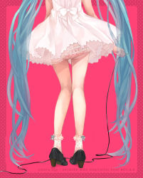 1girl aqua_hair bad_id bad_pixiv_id dress female_focus from_behind hatsune_miku head_out_of_frame high_heels highres kneepits legs long_hair lower_body panties pantyshot pink_background polka_dot polka_dot_legwear shoes skirt socks solo suzushiro_sayu twintails underwear upskirt very_long_hair vocaloid waist_down white_dress white_skirt rating:Sensitive score:20 user:danbooru