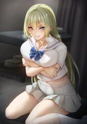  1girl angry aqua_eyes blonde_hair breasts cleavage clenched_teeth commentary_request covering_breasts covering_privates embarrassed highres indoors large_breasts long_hair looking_at_viewer midriff_peek navel original pleated_skirt rokko school_uniform serafuku shirt short_sleeves sidelocks sitting skirt socks solo teeth thighs v-shaped_eyebrows white_serafuku white_shirt white_skirt white_socks 