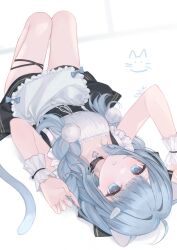  1girl absurdres ahoge animal_ears apron artist_name black_choker black_dress blue_eyes blue_hair bow_apron braid breasts cat_ears cat_girl cat_tail choker claw_pose collarbone commentary_request daichengqi dress frilled_apron frilled_dress frilled_wrist_cuffs frills hair_intakes hair_ornament hands_up heart heart_choker highres knees_up light_blush long_hair looking_at_viewer lying maid maid_apron on_back on_ground original parted_lips pom_pom_(clothes) pom_pom_hair_ornament simple_background small_breasts solo tail thigh_strap thighs twin_braids upside-down very_long_hair white_apron white_background white_wrist_cuffs wrist_cuffs 