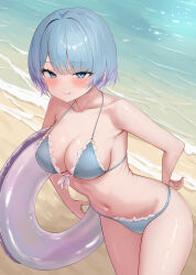  1girl :q absurdres beach bikini blue_eyes blue_hair blush breasts commission eikawa_suru hand_on_own_back hand_on_own_hip highres holding innertube looking_at_viewer looking_to_the_side medium_breasts mole mole_under_eye navel original ribs sand skeb_commission smile solo swim_ring swimsuit thighs tongue tongue_out tsurime virtual_youtuber water 
