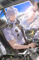  1boy absurdres antenna_hair belt black_belt black_necktie black_pants blue_eyes chinese_commentary collared_shirt commentary_request guest_art headphones headphones_around_neck highres honkai:_star_rail honkai_(series) id_card looking_at_viewer male_focus necktie official_alternate_costume official_art pants parted_bangs phainon_(honkai:_star_rail) pilot platinalsh shirt short_hair short_sleeves sitting smile solo sunglasses white_hair white_shirt 
