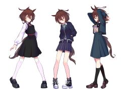  1girl adjusting_hair agnes_tachyon_(umamusume) ahoge alternate_costume animal_ears arms_up bare_legs belt black_bow black_bowtie black_dress black_shoes black_socks blazer block_heels blue_jacket blue_skirt bow bowtie brown_hair brown_shoes brown_tail closed_mouth collared_shirt commentary_request dress expressionless flannel green_ribbon grey_shirt hair_between_eyes hand_on_own_hip hands_in_pockets highres horse_ears horse_girl horse_tail jacket kneehighs loafers long_sleeves looking_at_viewer looking_to_the_side medium_hair medium_skirt messy_hair miniskirt multicolored_shoes multiple_views neck_ribbon open_clothes open_jacket pleated_skirt pocket puffy_long_sleeves puffy_sleeves red_belt red_ribbon ribbon school_uniform serious shirt shoes sidelocks simple_background skirt smile sneakers socks tail tenagaebi thighhighs two-tone_shoes umamusume white_background white_shirt white_shoes white_thighhighs 