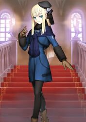  1girl beret black_collar black_hat black_pantyhose blonde_hair blue_dress blue_eyes blue_shawl blunt_ends boots breasts brown_boots brown_gloves closed_mouth collar cropped_jacket dress expressionless fate/grand_order fate_(series) feet_out_of_frame fur-trimmed_jacket fur_collar fur_trim game_cg gloves hand_up hat jacket long_hair long_sidelocks long_sleeves looking_at_viewer mini_hat official_art pantyhose reines_el-melloi_archisorte sakamoto_mineji shawl short_dress sidelocks small_breasts solo standing straight_hair third-party_source v-shaped_eyebrows variant_set very_long_hair 