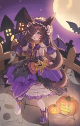  1girl absurdres animal_ears asymmetrical_bangs black_bow black_bowtie blush boots bow bowtie brown_hair center_frills claw_pose commentary_request ears_through_headwear fisheye frilled_hairband frilled_skirt frills full_body gloves hair_over_one_eye hairband halloween high-waist_skirt highres horse_ears horse_girl horse_tail jack-o&#039;-lantern_ornament lace-up_boots layered_shirt lolita_hairband long_bangs long_hair looking_at_viewer official_alternate_costume open_mouth orange_bow puffy_short_sleeves puffy_sleeves purple_boots purple_bow purple_bowtie purple_eyes purple_gloves purple_skirt red_brooch rice_shower_(make_up_vampire!)_(umamusume) rice_shower_(umamusume) saigyougi shirt shirt_tucked_in short_sleeves skirt solo tail two-tone_bow two-tone_bowtie umamusume underbust v-shaped_eyebrows waist_bow watermark white_shirt 