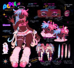  1boy agape_(tourii) bead_bracelet beads belt black_background blue_hair bracelet clothing_cutout collar commentary dark-skinned_male dark_skin dreadlocks english_commentary english_text eyeshadow fashion fishnet_thighhighs fishnets glitter halo heart_cutout highres holographic_clothing jewelry long_hair looking_at_viewer loose_socks makeup male_focus midriff multicolored_eyes multiple_views original pink_belt pink_collar pink_hair pink_shoes pink_tube_top pointy_ears raver reference_sheet scrunchie shoes simple_background single_thighhigh skirt socks solo standing strapless thick_thighs thighhighs thighs thong tooth_gap torurii trap tube_top very_dark_skin very_long_hair white_socks 