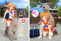  1boy 1girl 3d ahoge all_fours artist_request bent_over bestiality blurry blush breasts brown_eyes building clothed_sex cross_hair_ornament culture_japan depth_of_field doggystyle flat_chest girl_on_top goat hair_ornament heart hetero long_hair moaning on_ground open_mouth outdoors pleated_skirt riding school_uniform serafuku sex sex_from_behind skirt small_breasts spoken_heart stomach_bulge suenaga_mirai tears tongue tongue_out torogao 