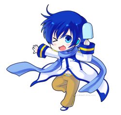  1boy :d belt blue_hair blue_scarf blue_shoes blush brown_pants chibi chibi_only coat commentary crodire food full_body headset holding holding_food holding_popsicle kaito_(vocaloid) long_sleeves looking_at_viewer male_focus one_eye_closed open_mouth pants popsicle scarf shoes short_hair simple_background smile solo transparent_background vocaloid watermark web_address white_coat yellow_belt 