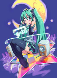  1girl aqua_hair blush crescent_moon female_focus full_body hatsune_miku highres legs long_hair moon outdoors project_diva project_diva_(series) sitting sky solo speaker star_(symbol) thighhighs very_long_hair vocaloid yu_3 zettai_ryouiki  rating:Sensitive score:9 user:danbooru
