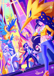  1girl 2boys absurdres archeops black_hair blue_eyes blue_necktie brothers dahlia_(pokemon) emmet_(pokemon) gen_1_pokemon gen_5_pokemon grey_hair haxorus highres ingo_(pokemon) legendary_pokemon looking_at_another midriff multiple_boys necktie nintendo open_mouth outline pokemon pokemon_bw pokemon_dppt pokemon_platinum siblings standing star_(symbol) twins white_outline wings xenon_(xenonb) zapdos 