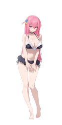  1girl absurdres bare_shoulders bikini black_bikini black_choker black_skirt blue_eyes blush bocchi_the_rock! breasts choker cleavage collarbone commentary cube_hair_ornament fingernails frilled_bikini frills full_body gotoh_hitori hair_between_eyes hair_ornament highres knees large_breasts long_hair one_side_up open_mouth own_hands_together pink_hair side-tie_bikini_bottom simple_background skirt solo sukaliya swimsuit thighs white_background 