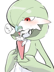  absurdres blush bob_cut colored_skin creatures_(company) gallade game_freak gardevoir gen_3_pokemon gen_4_pokemon green_hair green_skin hair_over_one_eye highres kiss multicolored_skin nintendo out_of_frame pippu_(pixiv_83129481) pokemon pokemon_(creature) red_eyes simple_background size_difference two-tone_skin white_background white_skin 