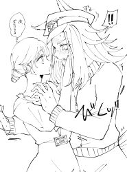  ! !! 0018kei 2girls absurdres animal_ears blush commentary ears_through_headwear eye_contact face-to-face female_trainer_(umamusume) fenomeno_(umamusume) flipped_hair flustered greyscale hands_on_another&#039;s_face hat highres horse_ears horse_girl horse_tail id_card jacket lanyard lineart long_sleeves looking_at_another monochrome multiple_girls nervous_sweating open_mouth peaked_cap short_hair speech_bubble spoken_exclamation_mark stiff_tail surprised sweat tail thought_bubble trainer_(umamusume) translation_request umamusume upper_body yuri 