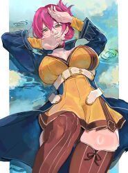  1girl absurdres belt blue_coat boots breasts brown_boots coat commentary commission dress eiyuu_densetsu english_commentary eyelashes hair_between_eyes highres large_breasts lying on_back outside_border overcoat pillarboxed pink_hair sara_valestein sen_no_kiseki_(series) sen_no_kiseki_i si_(sitisi_28) skeb_commission solo sweat yellow_dress yellow_eyes 