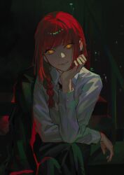 1girl absurdres black_necktie black_pants braid braided_ponytail chainsaw_man cigma closed_mouth collared_shirt commentary crossed_legs dress_shirt english_commentary formal_clothes hand_on_own_chin head_tilt highres jacket jacket_on_shoulders makima_(chainsaw_man) necktie office_lady pants railing red_hair ringed_eyes shirt shirt_tucked_in sitting smile solo stairs white_shirt yellow_eyes  rating:General score:13 user:danbooru