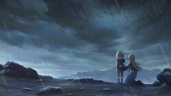  1boy 1girl absurdres aventurine_(honkai:_star_rail) bad_link black_boots black_jacket black_pants blonde_hair boots brother_and_sister cloud cloudy_sky dress faceless faceless_male game_cg grey_dress grey_shirt highres honkai:_star_rail honkai_(series) jacket kakavasha&#039;s_sister_(honkai:_star_rail) kakavasha_(honkai:_star_rail) kneeling long_hair long_sleeves mountain mountainous_horizon official_art pants rain shirt short_hair siblings sky 