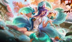  1girl absurdres ahri_(league_of_legends) animal_ears architecture arm_up bare_legs bare_shoulders bird blue_sky breasts building cleavage duck east_asian_architecture facial_mark fingernails food fox_ears fox_girl fox_tail fruit highres kitsune large_breasts leaf league_of_legends leg_markings lips long_fingernails long_hair multiple_tails naked_towel official_art onsen orange_(fruit) ornate_clothes purple_hair pursed_lips roannaperoz sharp_fingernails sitting sky solo spirit_blossom_springs_ahri_(league_of_legends) tail thighs towel tree whisker_markings 