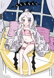  1girl absurdres ahoge bare_legs barefoot black_halo black_horns black_wings blue_archive blush bow bow_camisole bow_panties breasts camisole commentary demon_girl demon_horns demon_wings e_v_e_neko flying_sweatdrops full_body grey_hair hair_ornament hairclip halo highres hina_(blue_archive) horns long_hair looking_at_viewer navel open_mouth panties parted_bangs pink_camisole pink_panties polka_dot polka_dot_camisole polka_dot_panties purple_eyes sitting small_breasts solo thigh_strap toes translated underwear very_long_hair wavy_hair white_hair wings 