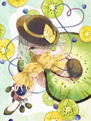 1girl black_eyes black_shoes closed_mouth clothing_cutout commentary_request food food_print fruit fruit_earrings fruit_print green_eyes green_hair green_skirt hat hat_ribbon heart heart_of_string kiwi_(fruit) kiwi_print kiwi_slice knees_to_chest komeiji_koishi long_sleeves looking_at_viewer medium_hair ribbon shirt shoes shoulder_cutout sitting skirt solo third_eye touhou toutenkou twitter_username watermark yellow_ribbon yellow_shirt 