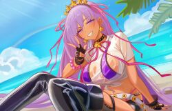  0nineo9 1girl absurdres bare_arms bb_(fate) bb_(swimsuit_mooncancer)_(fate) bb_(swimsuit_mooncancer)_(second_ascension)_(fate) beach bead_bracelet beads belt bikini bikini_under_shorts black_gloves black_shorts black_thighhighs bracelet breasts choker cloud commentary commission dark-skinned_female dark_skin earrings english_commentary fate/grand_order fate_(series) fingerless_gloves fingernails gloves hair_ribbon halterneck highleg highleg_bikini highres jewelry large_breasts light_rays long_hair long_ribbon looking_at_viewer loose_belt micro_shorts navel ocean outdoors palm_leaf panty_straps pink_nails pink_ribbon purple_bikini purple_eyes purple_hair rainbow ribbon see-through_clothes see-through_shirt shirt shorts sitting smile solo sunlight swimsuit thighhighs very_long_hair w wet wet_clothes wet_shirt 