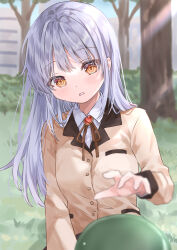  1girl absurdres angel_beats! blurry blush brown_ribbon collared_shirt commentary_request d: day depth_of_field eyes_visible_through_hair grass hair_between_eyes hair_over_shoulder hand_up heaven_burns_red highres jacket key_(company) long_hair long_sleeves looking_at_object narvy_(heaven_burns_red) neck_ribbon open_mouth orange_eyes outdoors reaching ribbon school_uniform shirt sidelocks solo straight_hair tachibana_kanade tsumugi-t upper_body white_hair white_shirt yellow_jacket 