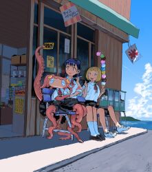  3girls blue_sky closed_eyes cloud day food highres ice_cream monster_girl multiple_girls neck_ribbon ocean octopus original outdoors red_ribbon ribbon school_uniform scylla shaved_ice sky tentacle_hair youkan_(comic_youkan) 