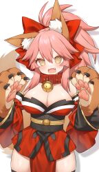  1girl :3 :d absurdres animal_collar animal_ear_fluff animal_ears animal_hands bare_shoulders bell blush bow breasts cleavage collar cowboy_shot detached_sleeves drop_shadow eyebrows_hidden_by_hair fang fate/grand_order fate_(series) fox_ears fox_girl fox_tail gloves hair_between_eyes hair_bow hands_up happy highres huge_bow japanese_clothes jingle_bell kimono large_breasts long_hair long_sleeves looking_at_viewer miyayoki neck_bell open_mouth paw_gloves pink_hair ponytail red_bow red_kimono sidelocks simple_background smile solo spiked_hair tail tamamo_(fate) tamamo_cat_(fate) white_background wide_sleeves yellow_eyes 