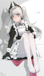  1girl absurdres ambience_synesthesia apron arknights black_dress black_gloves blush chinese_commentary closed_mouth commentary contrast_collar dress earrings embarrassed feet frilled_apron frills full_body gloves grey_hair highres irene_(arknights) irene_(voyage_of_feathers)_(arknights) jewelry knees_up kushaaaa4 long_hair looking_at_viewer maid maid_apron maid_headdress no_shoes official_alternate_costume pantyhose scar scar_across_eye scar_on_face sitting solo toes twintails white_apron white_pantyhose 
