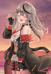  1girl absurdres belt black_belt black_collar black_gloves black_hair black_jacket braid breasts camisole center-flap_bangs chest_belt cleavage closed_eyes collar double-parted_bangs fang fingerless_gloves frilled_camisole frills gloves grey_hair hair_ornament hairclip hand_up highres hololive jacket large_breasts long_hair miniskirt multicolored_hair nail_polish nakuri_(nakuri_12) open_clothes open_jacket open_mouth outdoors plaid_clothes plaid_skirt pleated_skirt red_nails red_skirt sakamata_chloe sakamata_chloe_(1st_costume) side_braid single_braid skin_fang skirt solo streaked_hair studded_belt two-sided_fabric two-sided_jacket virtual_youtuber waving white_camisole x_hair_ornament  rating:Sensitive score:3 user:danbooru