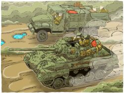  6+boys browning_m2 cannon cat_boy caterpillar_tracks combat_helmet drum_(container) furry gun heavy_machine_gun helmet highres jerry_can m18_hellcat m1_helmet machine_gun military_truck military_vehicle motor_vehicle multiple_boys original plank puddle shovel tank truck weapon yabarn 