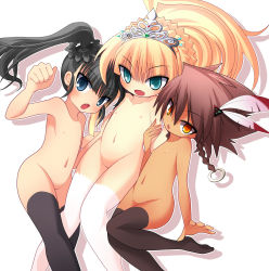  3girls atlus beast_king_(sekaiju) beast_king_2_(sekaiju) benerokku black_hair blonde_hair blue_eyes braid brown_hair cleft_of_venus dark-skinned_female dark_skin etrian_odyssey fang feathers flat_chest green_eyes hair_ornament highres loli long_hair monk_(sekaiju) monk_2_(sekaiju) multiple_girls navel nipples nude ponytail princess_(sekaiju) princess_2_(sekaiju) pussy sekaiju_no_meikyuu sekaiju_no_meikyuu_3 sovereign_(sekaiju) sovereign_2_(sekaiju) thighhighs tiara uncensored yellow_eyes yuri  rating:Explicit score:144 user:danbooru