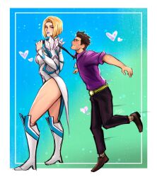  artist_name aztexarts blonde_hair blue_lips bruce_banner clothes_grab diamond_(shape) dress emma_frost gem glasses heart highres lipstick_mark marvel marvel_rivals necktie necktie_grab neckwear_grab purple_shirt shirt short_male size_difference tagme tall_female white_dress x-men 