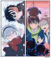  2boys alien_stage artist_name black_coat black_eyes blush brown_coat closed_mouth coat commentary crane_game earmuffs english_commentary fang fang_out grey_hair highres ivan_(alien_stage) lucidkana lying male_focus multiple_boys on_back on_ground open_mouth red_pupils red_scarf scarf short_hair snowing stuffed_animal stuffed_toy till_(alien_stage) very_short_hair winter_clothes 