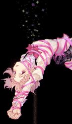  1girl bdsm black_background black_skirt bondage bound bow bowtie highres juliet_sleeves kaname_madoka koyomania long_sleeves looking_at_viewer mahou_shoujo_madoka_magica mahou_shoujo_madoka_magica_(anime) mitakihara_school_uniform parted_lips pink_eyes pink_hair pink_ribbon puffy_sleeves red_bow red_bowtie ribbon school_uniform skirt solo  rating:General score:13 user:danbooru