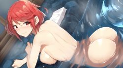 1girl ass bath blush breasts female_focus large_breasts looking_at_viewer looking_back nintendo nude partially_submerged pyra_(xenoblade) red_eyes red_hair short_hair smile solo steam towel wet xenoblade_chronicles_(series) xenoblade_chronicles_2 yappen rating:Questionable score:147 user:danbooru