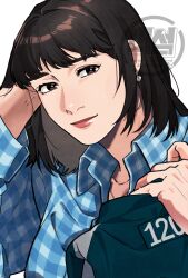  1girl absurdres black_eyes black_hair blue_shirt bright_pupils cho_hyun-ju closed_mouth collared_shirt commentary earrings gingham_shirt green_jacket hand_on_own_head highres holding holding_jacket holding_unworn_clothes jacket jewelry medium_hair portrait seong_(seong4rt) shirt smile solo squid_game track_jacket unworn_jacket watermark white_pupils 