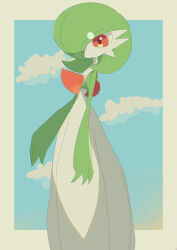  1girl blue_sky bob_cut border censored closed_mouth cloud colored_skin day fake_censor female_focus flat_chest gardevoir gen_3_pokemon green_hair green_skin hair_over_one_eye happy highres looking_at_viewer mosaic_censoring multicolored_skin nintendo one_eye_covered outdoors outside_border pokemon pokemon_(creature) red_eyes shicha_(yagu) short_hair sky smile solo two-tone_skin white_border white_skin 