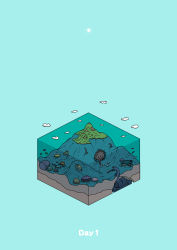 absurdres aqua_background cave clam cloud commentary crab diorama flying_saucer gozz highres island isometric no_humans ocean original sea_monster skeleton skull spacecraft sun rating:General score:1 user:danbooru