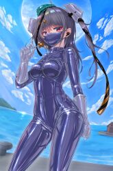  1girl alternate_costume aqua_hat black_ribbon blue_bodysuit blue_sky bodysuit breasts candy day food garrison_cap gloves grey_hair hair_ornament hat headgear highres holding holding_candy holding_food kantai_collection latex latex_bodysuit lollipop long_hair mask medium_breasts mouth_mask ocean outdoors red_eyes ribbon riretsuto scamp_(kancolle) shiny_clothes skin_tight sky solo standing star_(symbol) star_hair_ornament very_long_hair white_gloves 