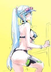  1girl ass bikini black_bikini breasts commentary earrings eyewear_on_head from_side girls&#039;_frontline girls&#039;_frontline_2:_exilium green_eyes grey_hair highres hk416_(girls&#039;_frontline) holster jewelry klukai_(girls&#039;_frontline_2) large_breasts long_hair looking_at_viewer official_alternate_costume osakana_(denpa_yun&#039;yun) ponytail pool_ladder sideboob sketch solo sunglasses swimsuit symbol-only_commentary teardrop_facial_mark thigh_holster very_long_hair visor_cap water_gun yellow_background 