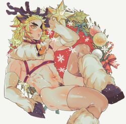  1boy alternate_costume animal_costume animal_ears antlers armpit_crease armpits blonde_hair bottomless choker christmas elbow_gloves fur_collar gloves harness highres hoof_gloves hooves horns kimetsu_no_yaiba kyu_717 leg_warmers long_hair long_hair looking_at_viewer male_focus male_pubic_hair multicolored_hair muscular muscular_male navel neck_bell pectorals pubic_hair pubic_hair_peek reindeer_antlers reindeer_costume reindeer_ears rengoku_kyoujurou solo thick_eyebrows thick_thighs thighhighs thighs two-tone_hair white_gloves yellow_eyes 